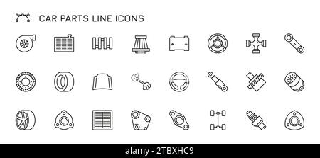 Zeilensymbole für Autoteile. Schwarz umrissene Teile von Automobilmotoren, Kraftfahrzeuggetriebe und Motorteile, Lichtmaschine, Waschanlage und Öl. Vektorflacher Satz Stock Vektor