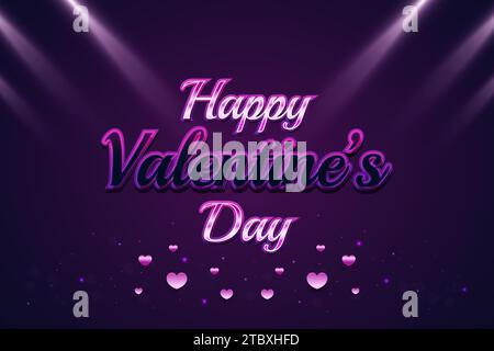 Happy Valentine's Day Banner mit farbenfrohem Text, rosa Herzen und leuchtenden Lichtern auf violettem Hintergrund. Weihnachtsgutschein Stock Vektor