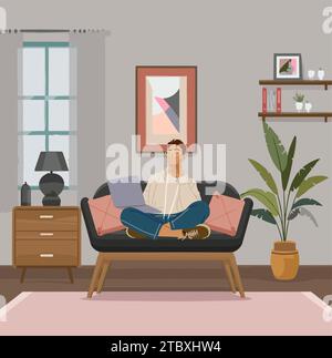 Junger Mann im Sessel mit Laptop-Vektor. Stock Vektor