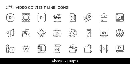 Zeilensymbole für Videoinhalte. Web-Streaming, Online-Videos, Multimedia-Apps für Mobiltelefone und Tablets, Kamera und Bearbeitung. Vektorsatz. Verschiedene Gadgets für M Stock Vektor