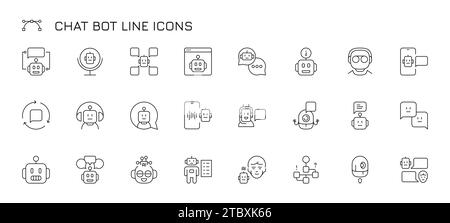 Chat-Bot-Zeilensymbol. Einfache Robotersymbole, Chat-Bot-Technologie für Smartphones, künstliche Intelligenz, flacher Stil. Vektor-isolierter Satz. Betr. Stock Vektor