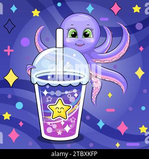 Niedlicher Cartoon Baby Krake mit einem großen Star Drink. Vektor-Illustration eines Tieres und einer Tasse farbenfrohen Wassers auf einem dunkelblauen Hintergrund mit Sternen und Stock Vektor