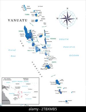 Sehr detaillierte politische Vektorkarte von Vanuatu mit Verwaltungsregionen und Hauptstädten. Stock Vektor