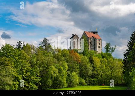 Wunderschöne grüne Frühlingslandschaft rund um das Schloss Waldburg in Oberschwaben bei Ravensburg Stockfoto