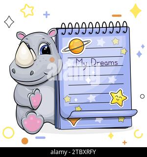 Ein niedliches graues Nashorn und ein blaues Notizbuch mit Aufklebern. Vektorillustration eines Tieres auf weißem Hintergrund mit Sternen, Kreisen. Stock Vektor