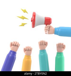 Zeichentrickhände von Dämonstranten und Hand mit Megaphon, Protestkonzept, Revolution, Konflikt, 3D-Illustration in flacher Konstruktion .3D-Rendering auf weißem Hintergrund Stockfoto