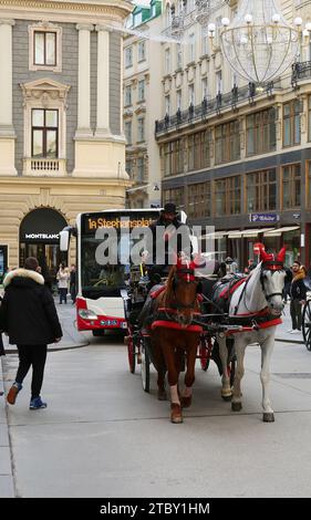 WIEN, ÖSTERREICH-14. NOVEMBER: Öffentlicher Bus mit Pferdekutsche vor dem Stephansdom, auch bekannt als Stephansdom. 14. November 2023 in Wien Stockfoto