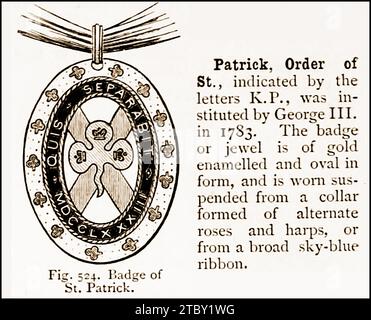 Eine Gravur des Abzeichens des St. Patrick Ordens aus dem 19. Jahrhundert, dargestellt in einem alten Wörterbuch. Obwohl nicht veraltet, wurde seit 1936 kein Ritter von St. Patrick geschaffen Stockfoto