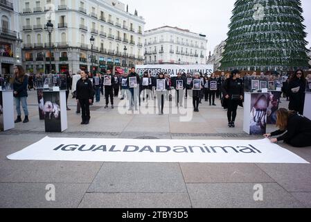 Dutzende von Menschen halten Fotos von Tieren während einer Demonstration zum Internationalen Tag der Tierrechte in Puerta del Sol am 9. Dezember 2023 in Mad Stockfoto