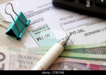 Angabe des Betrags des verdienten Einkommens oder des entstandenen Verlusts, Steuerformulare PIT-36 und PIT-36L auf der Buchprüfertabelle mit Pen und polnischer Zloty Money Bill cl Stockfoto