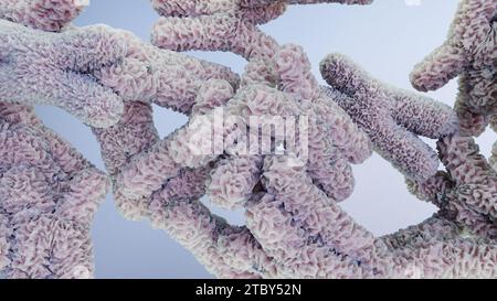 Humanes Chromosom unter Mikroskop, Genomsequenz. Molekularbiologie, DNA-Moleküle, schwimmende Chromosomen mit hervorgehobenen Telomeren, genetischer Code, G Stockfoto