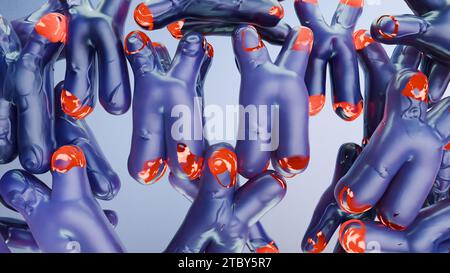 Humanes Chromosom unter Mikroskop, Genomsequenz. Molekularbiologie, DNA-Moleküle, schwimmende Chromosomen mit hervorgehobenen Telomeren, genetischer Code, G Stockfoto