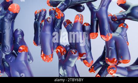 Humanes Chromosom unter Mikroskop, Genomsequenz. Molekularbiologie, DNA-Moleküle, schwimmende Chromosomen mit hervorgehobenen Telomeren, genetischer Code, G Stockfoto