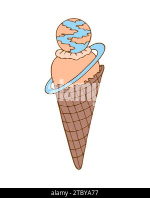 Ice Cream Farbtrend 2024 Peach Fuzz und Blau. Pfirsicheis oder Vanilleeis und Planet, handgezeichnetes Doodle. Isolierter, weißer Hintergrund. Vektorillu Stock Vektor