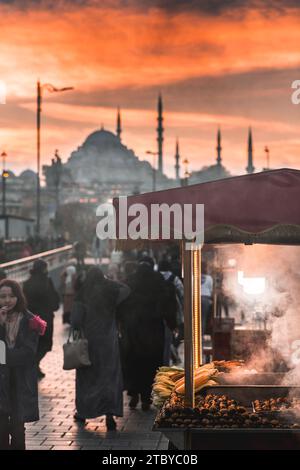 Istanbul, Turkiye - 22. November 2021: Geröstete Kastanien und Getreidekörner werden auf einem Händlerwagen verkauft, beliebte Street Food in Istanbul, Turkiye. Stockfoto