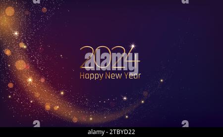 Hintergrund zum Neujahr. Happy 2024 Gold Glitzer, Konfetti- und Abendlichter, Preiskarte oder Partybanner. Goldene Sterne und funkelndes Licht in der Nacht. Winterferien Stock Vektor