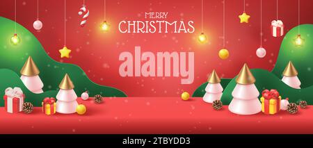 Frohe Weihnachten Hintergrund. 3D-Banner mit Weihnachtsbaum und Geschenkbox, Rahmen zum Verkauf oder Poster aus Papier, Geschenkdekoration. Happy Noel. Horizontales Webbanner f Stock Vektor