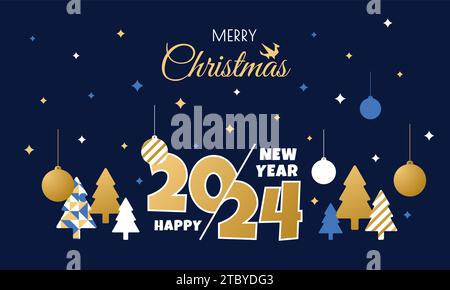 2024 Weihnachtsgrußkarte. Frohe Winterferien. „Merry Xmas“-Bannerdesign mit geometrischen dreieckigen Tannenbäumen und runden Spielzeugkugeln. Neujahrsnummern Stock Vektor