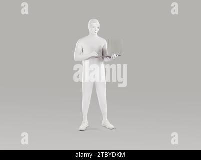 Inkognito-Mann-Figur im Bodysuit stehend und arbeitend auf einem Laptop isoliert auf grauem Hintergrund. Stockfoto