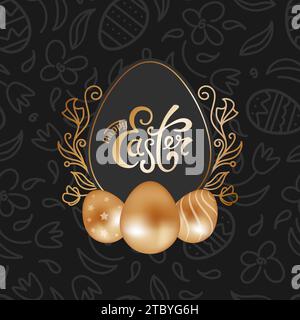 Frohe Ostern. Quadratisches schwarzes Banner, glänzende goldene Schokoladeneier im realistischen Stil, Frühlingsblumen, Doodle. Vintage-Schriftzug. Vektorabbildung für po Stock Vektor