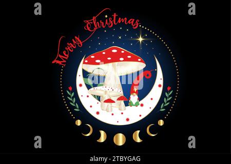 Magische Gnome in den mystischen Pilzwäldern auf Mondsichel und Sternen. Weihnachtskonzeptsymbol, Hexenpilz und Mondphasen. Magisch Stock Vektor