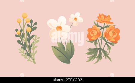 Set von zarten Frühlingswildblumen. Trollius, Immortelle, Kamille. Im Cartoon-Stil für Aufkleber, Poster, Postkarten, Designelemente. Stock Vektor