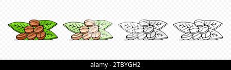 Geröstete Kaffeebohnen mit Blättern, Pflanzen und Natur, grafisches Design. Speisen, Heißgetränke, Getränke, Cafés, Kaffeehaus und Coffee Shop, Vektordesign Stock Vektor