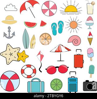 Sommer Meer einfache Illustration Set Dekoration Strand Sommer Urlaub Band Reise tropisches Meer Baden Mitte august Sommer Vektoren Illustrati Stock Vektor