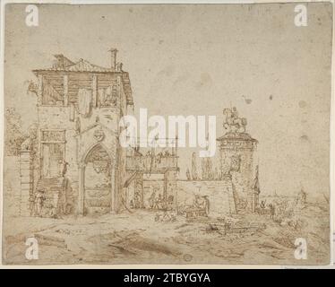 Fantasievolle Landschaft (Landschaft mit Villa Gebäude und Reitdenkmal) nan am Canaletto (Giovanni Antonio Kanal) Stockfoto