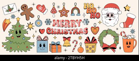 Weihnachtsaufkleber. Retro-weihnachtsmann, süßer Charakter, cooler Weihnachtsbaum und lustige Vintage-Geschenke. Lebkuchen, heißes Getränk. Grußkarte für Winterferien Stock Vektor