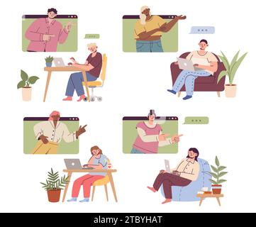 Online-Anruf. Männer und Frauen sitzen am Schreibtisch und sprechen mit Freunden im Internet-Chat. Digitale Videokommunikation. Webkonversation. Geschäftliche Conferre Stock Vektor