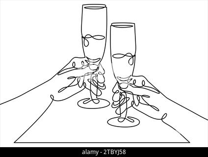 Durchgehende einzeilige Zeichnung. Hände jubeln mit Gläsern Champagner. Abbildung Stock Vektor