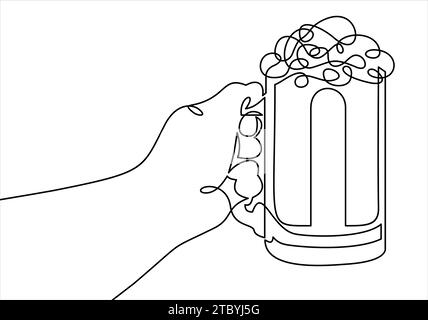 Durchgehende Linienzeichnung aus handhaltendem Bierglas. Stock Vektor