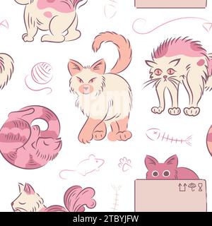 Nahtloses rosafarbenes Muster von Katzen in verschiedenen Posen im Skizzenstil. Fette, süße Katzen-Lifestyle. Haustiere. Die Katze zischt, schläft, versteckt sich im Kasten, geht. Stock Vektor
