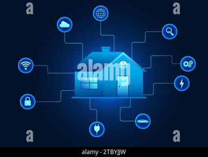 Technologie des Internets der Dinge Ein mit IoT-Geräten verbundenes Zuhause zur Fernsteuerung von Geräten oder Informationen ist eine moderne technologische Innovation. Vektor krank Stock Vektor