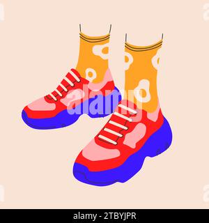 Symbol für helle Sneaker mit lustigen Socken. Vektor Stock Vektor