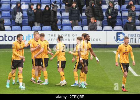 Birkenhead, Großbritannien. Dezember 2023. Will Evans aus Newport County feiert sein Ziel, es 0-1 während des Spiels der EFL SkyBet League Two zwischen Tranmere Rovers und Newport County im Prenton Park, Birkenhead, England am Samstag, den 9. Dezember 2023 (Foto: Phil Bryan/Alamy Live News) Stockfoto