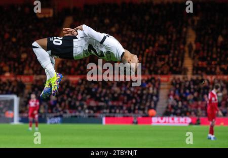 Omari Hutchinson von Ipswich Town feiert das zweite Tor ihrer Mannschaft während des Sky Bet Championship Matches im Riverside Stadium, Middlesbrough. Bilddatum: Samstag, 9. Dezember 2023. Stockfoto
