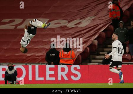 Middlesbrough, Großbritannien. Dezember 2023. Der Ipswich Town Omari Hutchinson feiert sein Tor während des Sky Bet Championship Matches zwischen Middlesbrough und Ipswich Town am Samstag, den 9. Dezember 2023, im Riverside Stadium in Middlesbrough. (Foto: Michael Driver | MI News) Credit: MI News & Sport /Alamy Live News Stockfoto