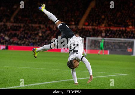 Omari Hutchinson von Ipswich Town feiert das zweite Tor ihrer Mannschaft während des Sky Bet Championship Matches im Riverside Stadium, Middlesbrough. Bilddatum: Samstag, 9. Dezember 2023. Stockfoto