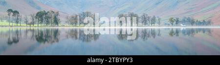 Der berühmte Blick über Buttermere in Richtung der berühmten Sentinel Pines, mit malerischer Herbstlandschaft, die sich im ruhigen Wasser spiegelt. Stockfoto