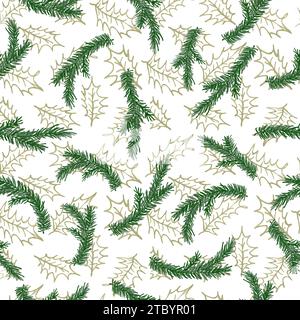 Nahtloses Aquarellmuster mit grünen Tannenzweigen und goldenen stechpalmenblättern. Kiefernzweig handgezeichnet für Geschenkpapier, Winterfeierdekoration, gre Stock Vektor