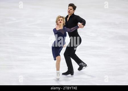 Zagreb, Kroatien. Dezember 2023. Solene Mazingue und Marko Jevgeni Gaidajenko aus Estland treten am 4. Tag der Goldenen Spin 2023 in Zagreb, Kroatien, am 9. Dezember 2023 im Eistanz – Freitanz an. Foto: Igor Kralj/PIXSELL Credit: Pixsell/Alamy Live News Stockfoto