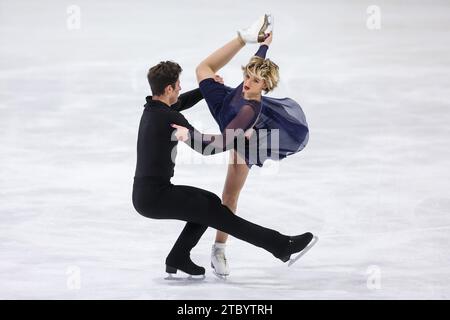 Zagreb, Kroatien. Dezember 2023. Solene Mazingue und Marko Jevgeni Gaidajenko aus Estland treten am 4. Tag der Goldenen Spin 2023 in Zagreb, Kroatien, am 9. Dezember 2023 im Eistanz – Freitanz an. Foto: Igor Kralj/PIXSELL Credit: Pixsell/Alamy Live News Stockfoto