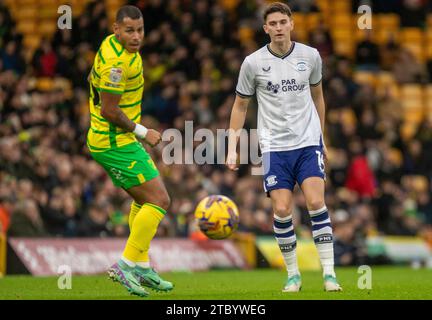 Norwich, Großbritannien. Dezember 2023. Während des Sky Bet Championship Matches zwischen Norwich City und Preston North End in der Carrow Road, Norwich am Samstag, den 9. Dezember 2023. (Foto: David Watts | MI News) Credit: MI News & Sport /Alamy Live News Stockfoto