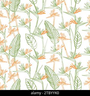 Paradiesvogel Blume tropische Strelitzia nahtloses Blumenmuster mit grünen und orangen Farben. Vektorhintergrund für Drucke, Stoff, Tapeten, wr Stock Vektor