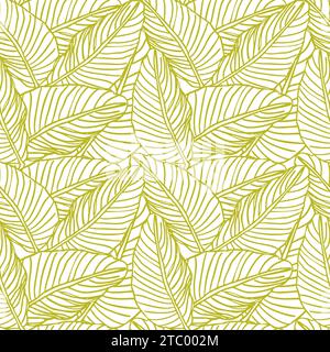 Exotische Blätter, Line Art tropische Strelitzia nahtloses Blumenmuster Schwarz-weiß-Farbe. Vektorhintergrund für Drucke, Stoff, Tapeten, Verpackung Stock Vektor