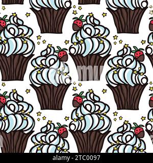 Süßer Kuchen nahtlos mit Desserts. Muffin, Pudding, Kuchen mit Erdbeerfrüchten. Handgezeichnete Vektorillustration für Oberflächendesign, Textil, f Stock Vektor