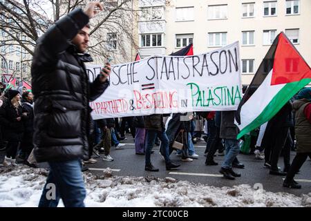 München, Deutschland. Dezember 2023. Am 9. Dezember 2023 versammelten sich mehrere Teilnehmer auf dem Königsplatz in München, um gemeinsam für einen sofortigen Waffenstillstand im Nahen Osten zu demonstrieren und ihre Solidarität mit den Palästinensern zu demonstrieren. Sie sprachen sich gegen Antisemitismus und Rassismus aus und forderten Frieden für Gaza und ein Ende des Krieges. (Foto: Alexander Pohl/SIPA USA) Credit: SIPA USA/Alamy Live News Stockfoto