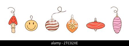 Sammlung von Vintage-Kugeln und Dekorationen für den Weihnachtsbaum. Weihnachtsschmuck. Retro-groovige Glaskugeln aus den 60er Jahren 70er Jahren. Farbiges Vektorillustrat Stock Vektor